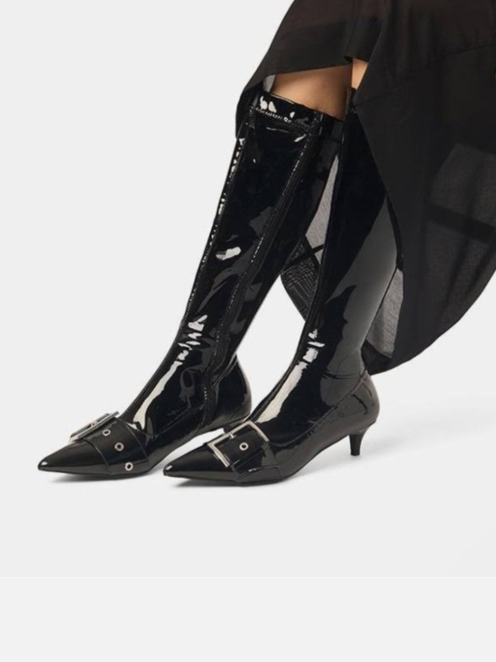WeWoreWhat Black Patent Knee-High Pointed-Toe Boots with Buckle